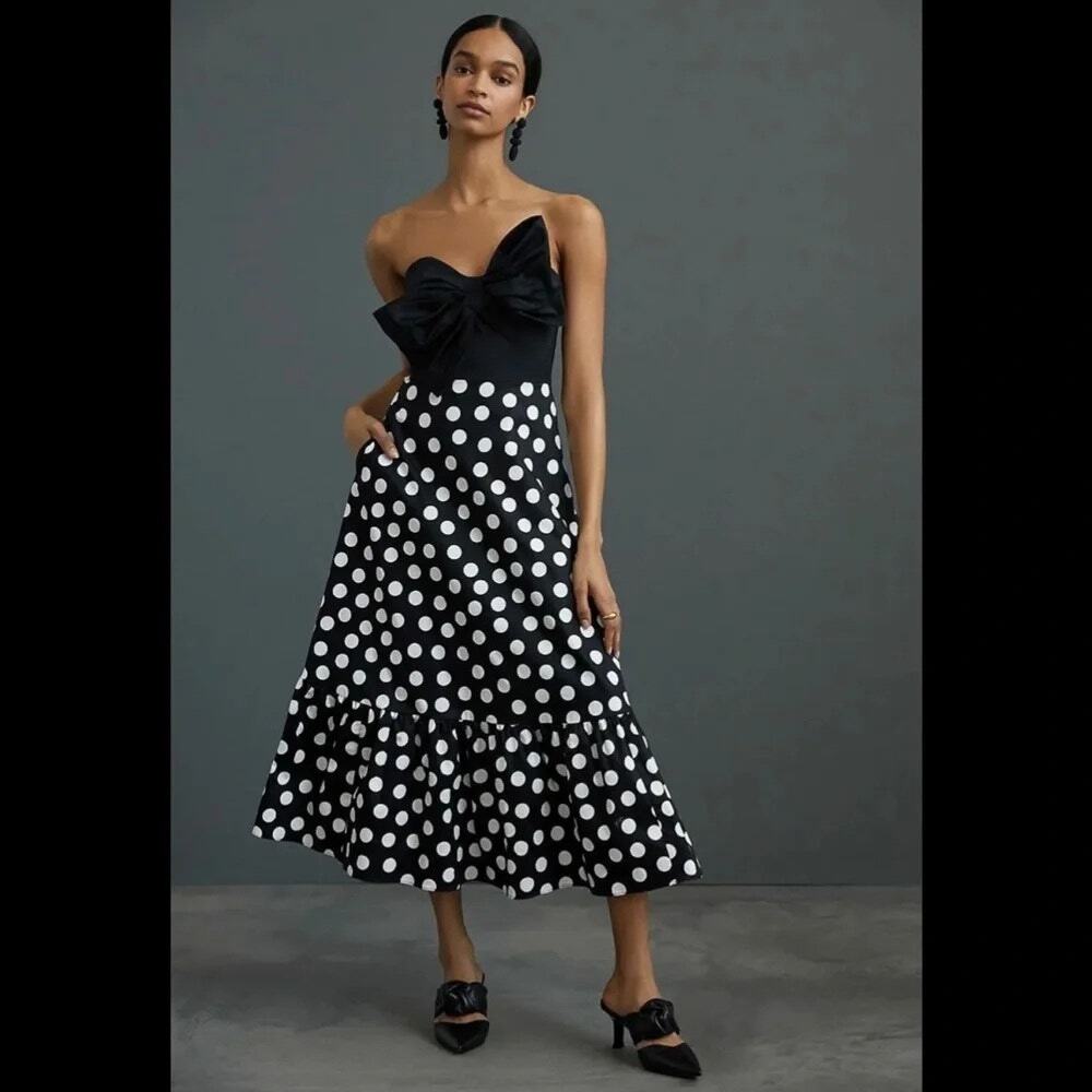 Anthropologie Hutch Womens Bow Tie Polka Dot Maxi Dress Ruffle Event Cocktail 0P